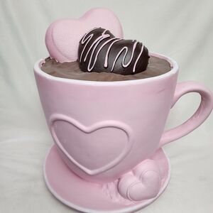 HOLIDAY LARGE VALENTINES STOOL Pink Heart Mug 20"X18" with Chocolate Decor